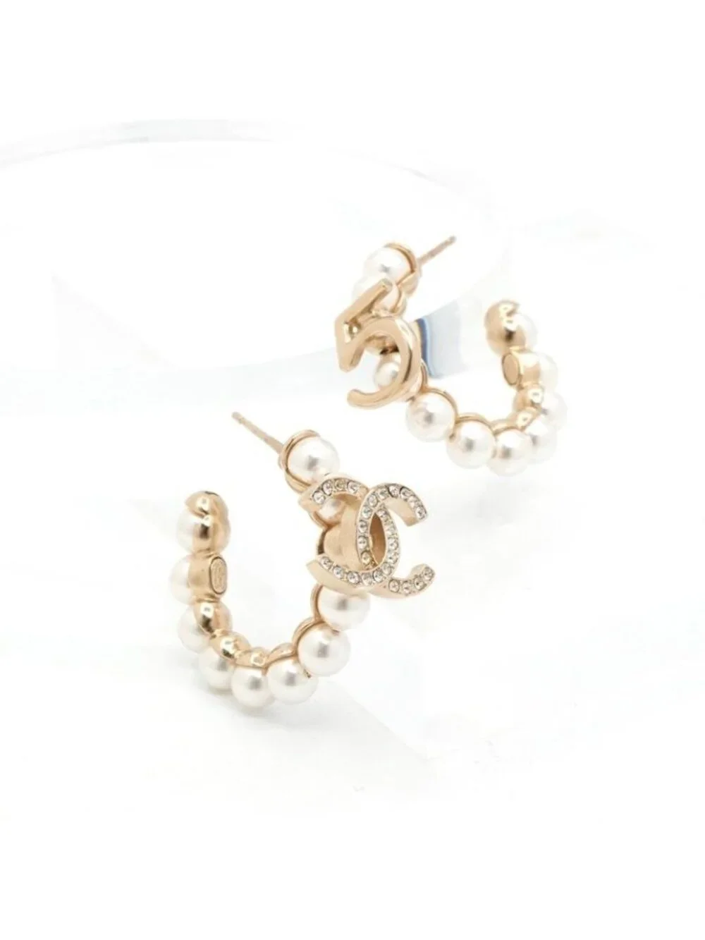 Chanel Earrings Gold CC Logo N5 Rhinestone Hoop